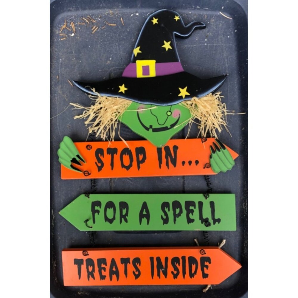 Darice Halloween Decor Witch Greeting Wall Plaque w 3 Signs Green Orange Black